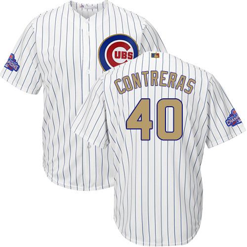 Cubs #40 Willson Contreras White(Blue Strip) Gold Program Cool Base Stitched MLB Jersey